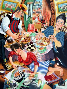 Mr. Beynon slagteren hans kone Mrs Beynon og Lilly the Treasure, 2005 (akryl på panel)